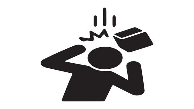 Falling object warning sign icon, worker getting hit on head by falling box, workplace safety hazard vector illustration.