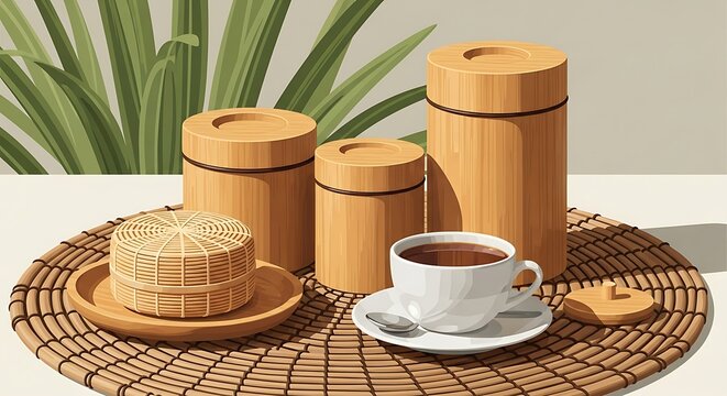 Minimalist bamboo kitchen canisters and coffee cup on woven tray