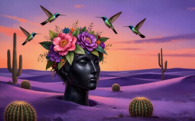 Obraz premium A serene desert scene with a floral head hummingbirds flying above.