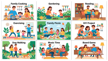 Obraz premium Family activities and hobbies illustration collage.