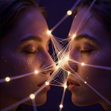 Conceptual Image of Two People Connecting Through Glowing Neural Fiber Lines of Light