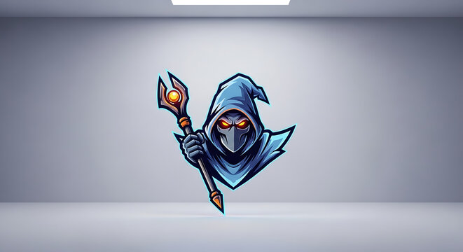 Pixel art wizard character with glowing staff and mask, mysterious aura, fantasy game icon, magical retro style