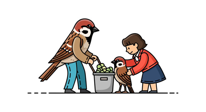 Illustration of a girl feeding two sparrows with a bucket of food.