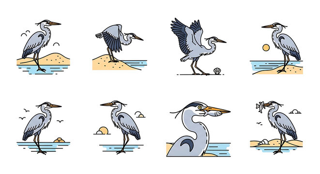 Pixel art herons in various poses on beach and water backgrounds, vector illustration collection, wildlife and nature elements