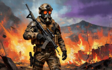 Obraz premium Soldier in gas mask stands amid fiery battlefield smoke and