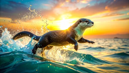 Obraz premium Playful otter sculpture, iridescent turquoise and gold, diving, artistic, whimsical, joyful