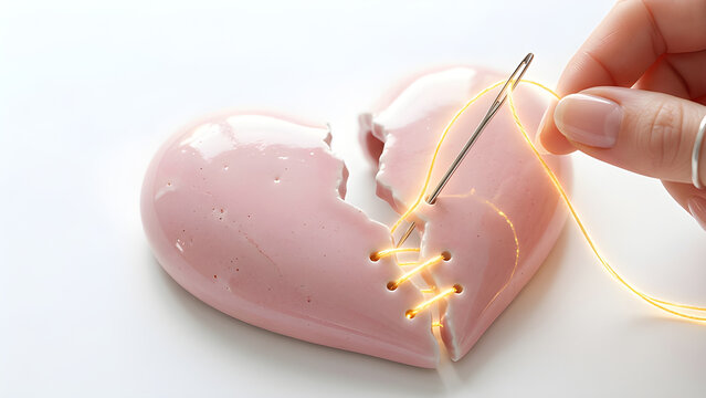 Stunning realistic photo of a needle stitching a broken pink heart with glowing light representing emotional healing.