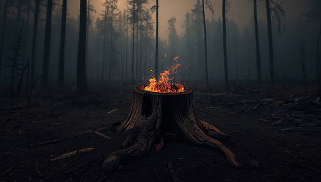 黒く傷んだ森の中で燃える切り株が警鐘を鳴らす環境イメージ