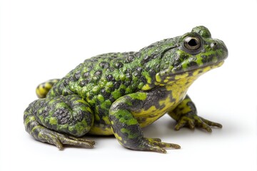 Obraz premium Green frog sitting on white background.