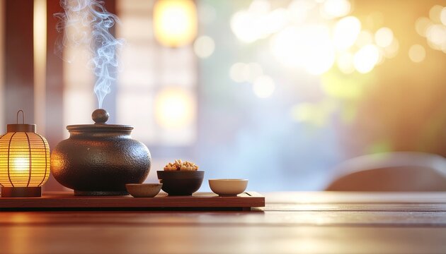 Traditional Japanese Obon Altar with Smoking Incense Burner, Small Food Offerings, and Glowing Lantern on Wooden Table with Warm Bokeh Background
