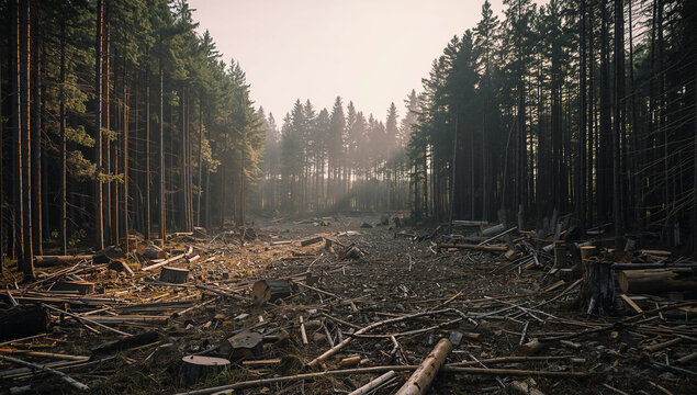 残された森林と皆伐地の対比が際立つ伐採現場の環境写真