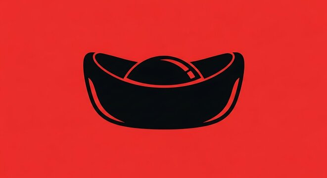 Black Chinese Gold Ingot Silhouette on Vibrant Red Background