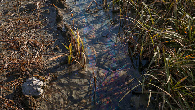 湿地の水際に化学汚染が広がる生態系被害の環境写真