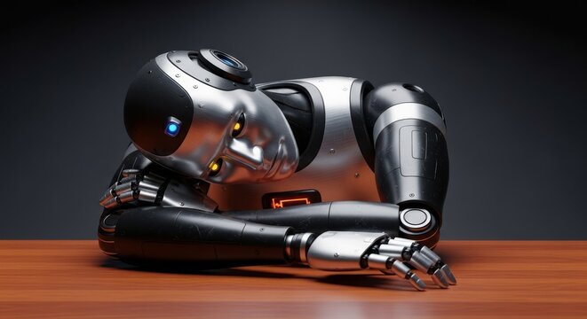 A metallic humanoid robot leans its head on a wooden desk surface in a dark room, showcasing exhaustion and battery depletion after work, robot, furniture, surface