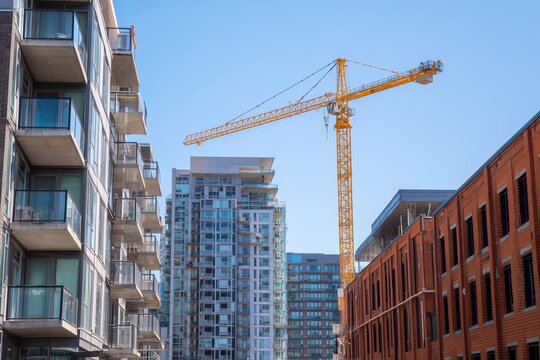 construction landscape featuring a modern apartment building on the left, characterized by its light exterior and glass balconies, juxtaposed with a red brick building under construction Generative AI
