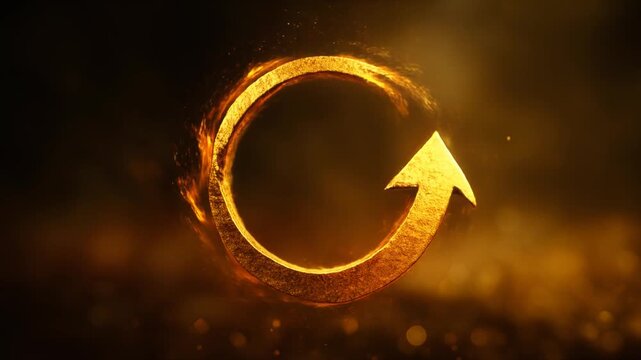 Abstract golden ring with arrow symbol and fiery particles