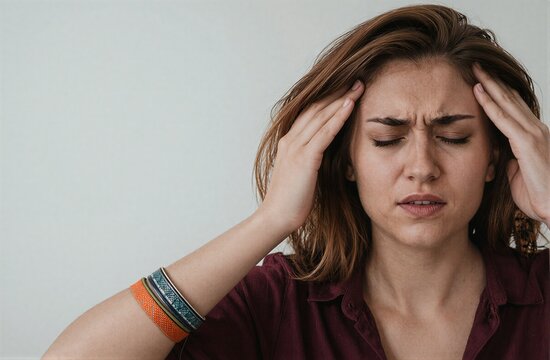 Woman holds her head showing distress or pain.