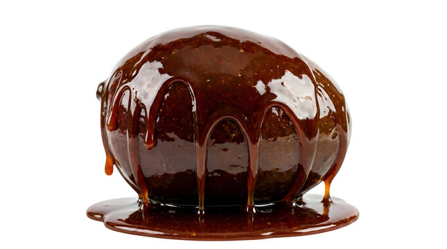 A ripe glossy chocolate dessert drips with rich velvety sauce on a white background tempting indulgence