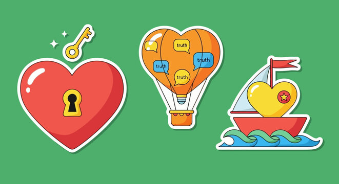 Colorful Heart-Shaped Objects - Key, Hot Air Balloon, and Boat.