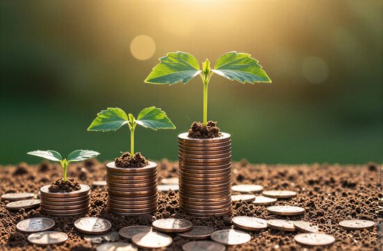 Growing plants on coin stacks symbolize financial growth and