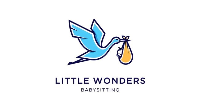 Colorful stork delivering baby in cartoon style babysitting logo design