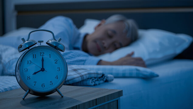 夜の寝室で時計のそばに眠る日本人高齢男性の見守り写真