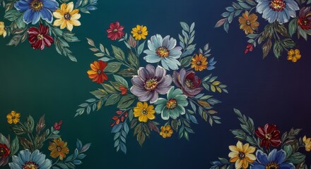 Obraz premium Hand-painted floral pattern on fabric with deep, moody tones, featuring elegant blooms, artistic brushstrokes, and a sophisticated aesthetic, deep, nocturnal, artistic
