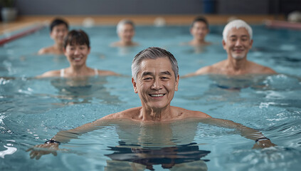 Fototapeta premium 水中トレーニングを行う日本人高齢男性中心の健康写真