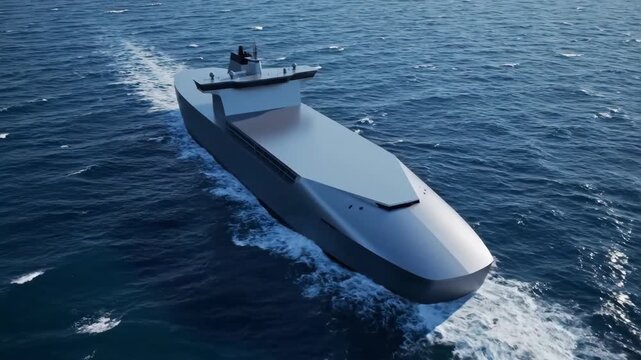 Modern naval warship sailing on blue ocean. Sleek stealth vessel moving through calm sea water. Futuristic maritime technology and military sea transport concept.
