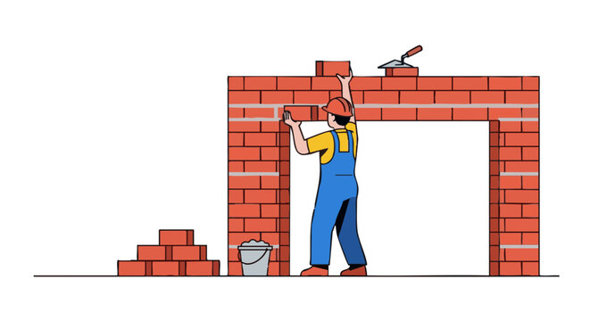 Construction worker laying bricks. Mason building red brick wall with trowel and mortar. Vector illustration