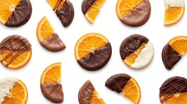 Chocolate Covered Orange Slices Pattern Sweet Citrus Dessert Background Flat Lay Food Design