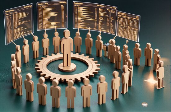 Wooden figures surround a central gear with digital data screens