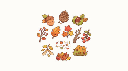 A charming collection of cute, kawaii-style autumn elements, including acorns, pinecones, leaves, and berries, arranged in a circular pattern on a white background. © geira