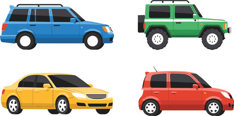 Fototapeta premium Vector Set of Colorful Car Illustrations Including SUV, Jeep, Sedan, and Hatchback for Automotive, Transportation, and Vehicle Designs