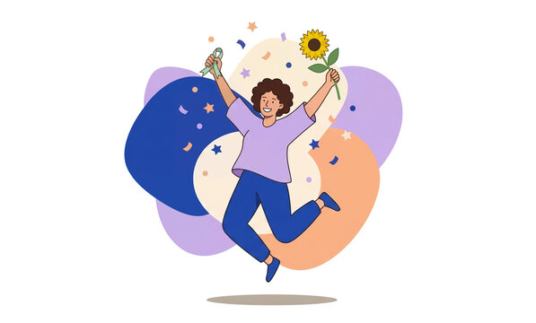 Joyful Cancer Survivor Jumping for Joy with Teal Ribbon and Sunflower Vector Illustration