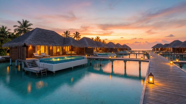Luxury Tropical Island Resort Overwater Villas Sunset Beach Travel Vacation Paradise Destination