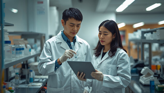 研究室で試料を前に議論する日本人研究者チームの共同開発シーン