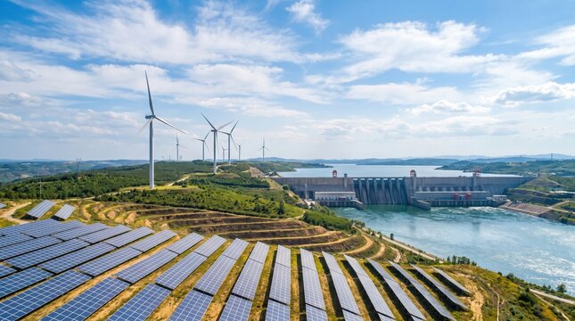 Solar Panels Wind Turbines and Hydroelectric Dam in Scenic Landscape Renewable Energy Power Generation Concept