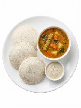 South Indian Idli with Sambar and Coconut Chutney Traditional Breakfast Food on White Plate