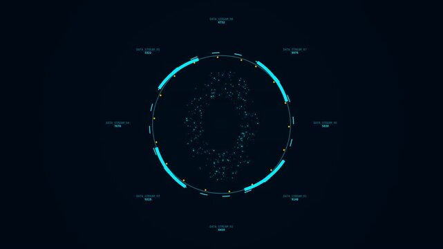 A sleek, digital data visualization with a circular layout, featuring glowing elements and nodes