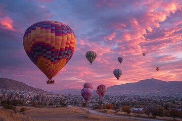 Obraz premium Colorful hot air balloons ascend over mountainous landscape at dawn