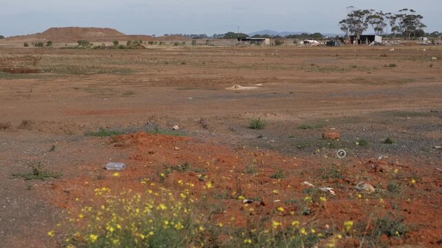 A vast expanse of dry barren dirt wasteland with scattered wildflowers, litter and debris, a large soil mound from earthworks in a degraded semi-arid landscape in Tarneit, Melbourne Australia