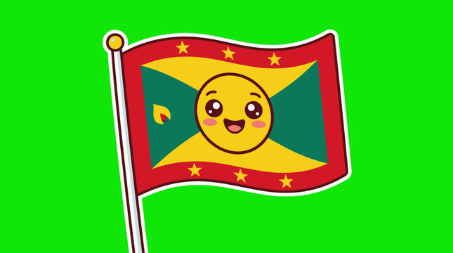 Cute Cartoon Grenada Flag Waving Proudly Against Green Background.