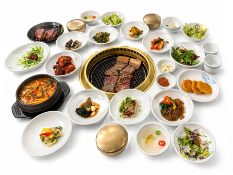 Traditional Korean table d'hote with grilled galbi and assorted banchan