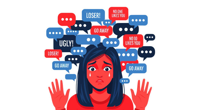 Cyberbullying victim, sad girl overwhelmed by online hate speech and negative comments