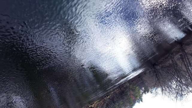 Drone doing a 180 degree roll while flying low over a calm river