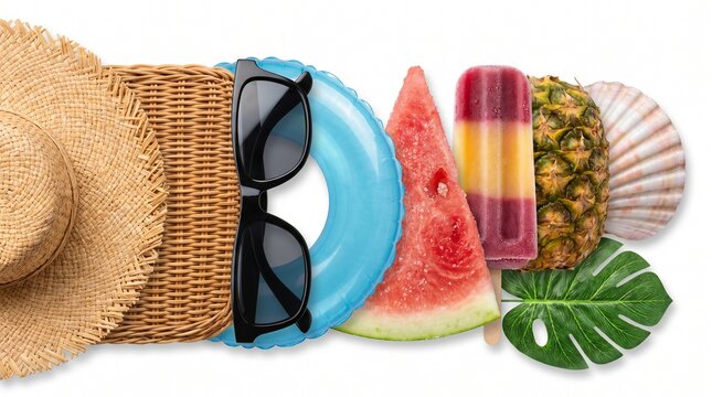 A collection of summer essentials including sunglasses, hat, watermelon, pineapple, and other elements, arranged in a row.