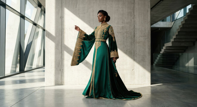 Luxury Moroccan Kaftan Flowing Dress Green Gold Elegant Fashion Movement Scene