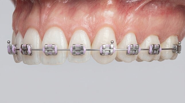 Closeup of metal braces on teeth showing cleanliness and precise alignment in studio lighting