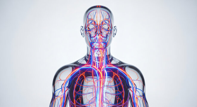 A transparent human torso shows a detailed view of the circulatory system, with red arteries and blue veins extending throughout the head and chest.